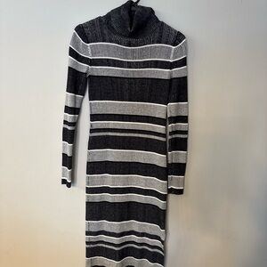 Striped Black and Gray Turtleneck Sweater Dress M